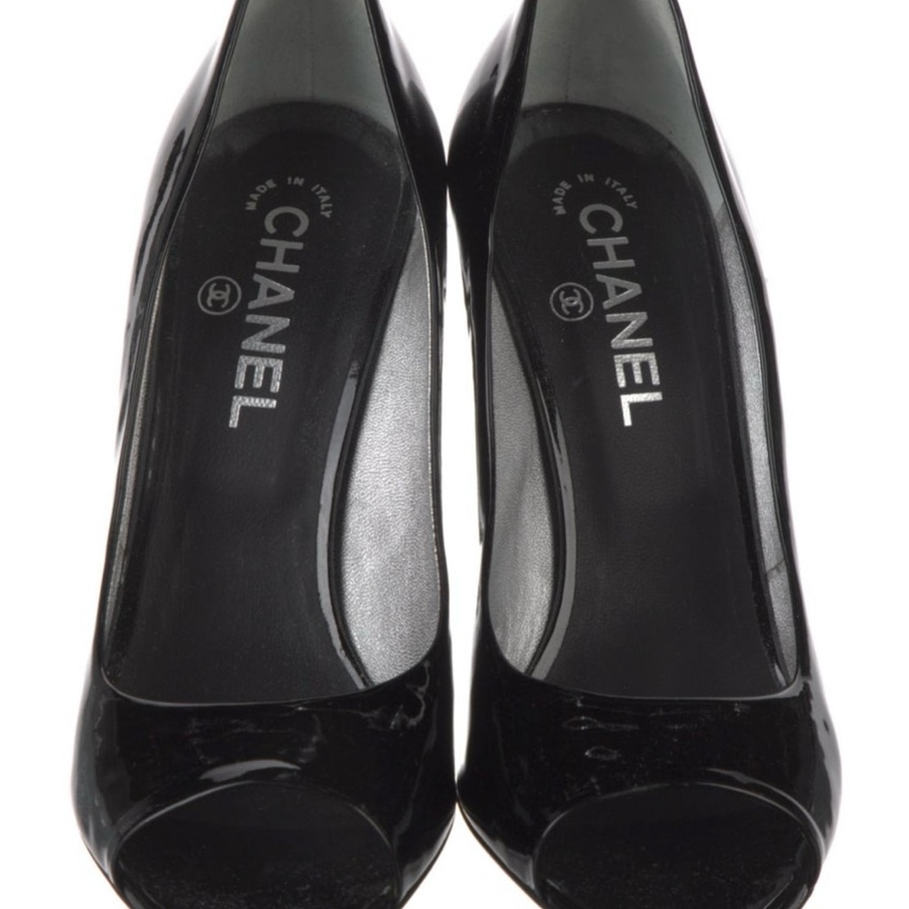 CHANEL Black Patent Leather Peep-Toe Heels - Picture 4 of 6